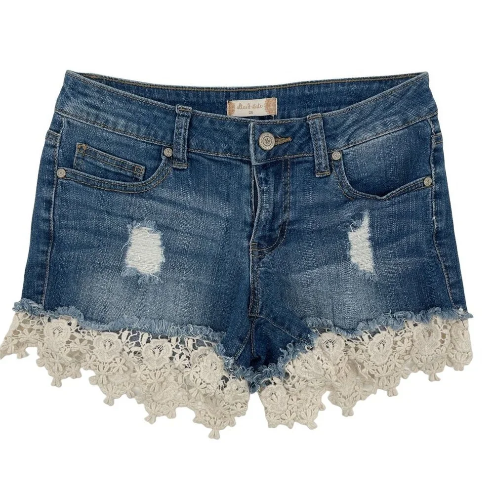 Altar'd State Lace Hem Distressed Medium Wash Denim Jean Shorts 26 - Picture 1 of 6